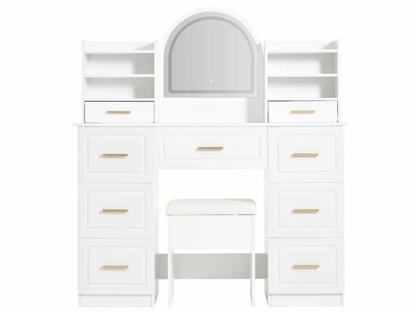 Tocador con espejo, LED, 9 cajones, mesa de maquillaje, (120x40x135 cm)^ Discount