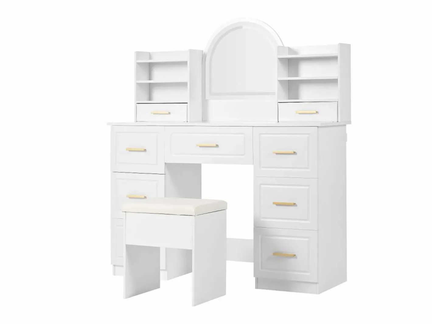 Tocador con espejo, LED, 9 cajones, mesa de maquillaje, (120x40x135 cm)^ Discount
