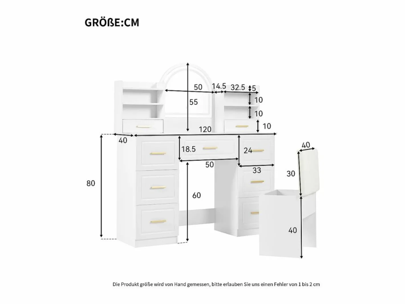 Tocador con espejo, LED, 9 cajones, mesa de maquillaje, (120x40x135 cm)^ Discount