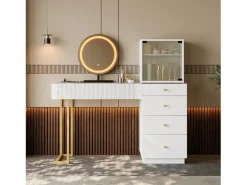 Merax Tocador con espejo LED - tapa de cristal templado transparente - con 5 cajones - 120 x 40 x 120 cm - MDF + cristal - Blanco Discount
