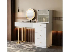 Merax Tocador con espejo LED - tapa de cristal templado transparente - con 5 cajones - 120 x 40 x 120 cm - MDF + cristal - Blanco Discount