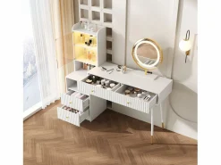 ModernLuxe Tocador con espejo 100x40x125 cm - con LED ajustable - con 4 cajones y 1 puerta de vidrio - 1 compartimento de almacenamiento abierto - Blanco
