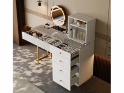 Tocador con espejo 120x40x120cm - con LED ajustable - con 5 cajones y 1 puerta de vidrio - Blanco (taburete no incluido)^ModernLuxe Online