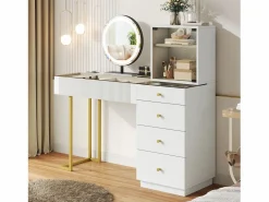 Tocador con espejo 120x40x120cm - con LED ajustable - con 5 cajones y 1 puerta de vidrio - Blanco​ (taburete no incluido)^ModernLuxe Online