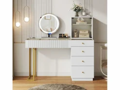 Tocador con espejo 120x40x120cm - con LED ajustable - con 5 cajones y 1 puerta de vidrio - Blanco​ (taburete no incluido)^ModernLuxe Online