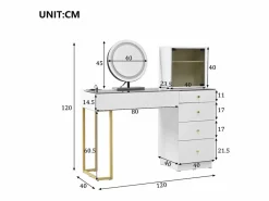 Tocador con espejo 120x40x120cm - con LED ajustable - con 5 cajones y 1 puerta de vidrio - Blanco​ (taburete no incluido)^ModernLuxe Online