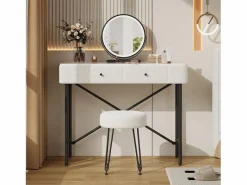 Tocador con espejo 100x40x120cm - con LED ajustable - con 1 taburete - con 2 cajones - textura de mármol - Blanco + Negro^ModernLuxe Outlet