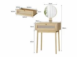 Tocador|Tocador de ratán con espejo, diseño compacto y elegante, MDF y cristal, roble (60x50x128 cm)