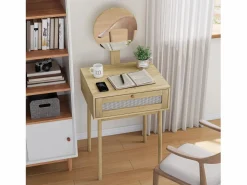 Tocador|Tocador de ratán con espejo, diseño compacto y elegante, MDF y cristal, roble (60x50x128 cm)