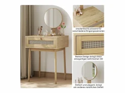 Tocador|Tocador de ratán con espejo, diseño compacto y elegante, MDF y cristal, roble (60x50x128 cm)