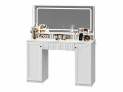 DripeX Tocador, Espejo LED Grande con Brillo Ajustable, 1 Cajón y 2 Puertas, 2 Tomas AC y 2 Puertos USB, , 110x40x135cm Blanco New