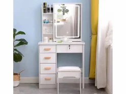 LLB Tocador Maquillaje Mesa Espejo con luz LED Deslizante Taburete Caroline Blanco Outlet