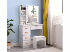 LLB Tocador Maquillaje Mesa Espejo con luz LED Deslizante Taburete Caroline Blanco Outlet