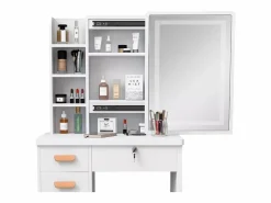 LLB Tocador Maquillaje Mesa Espejo con luz LED Deslizante Taburete Caroline Blanco Outlet