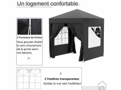 DripeX Toldo Plegable 4 m² - 2 ventanas, 4 lados - Acero y tela Oxford - 2 puertas con cremallera Negro
