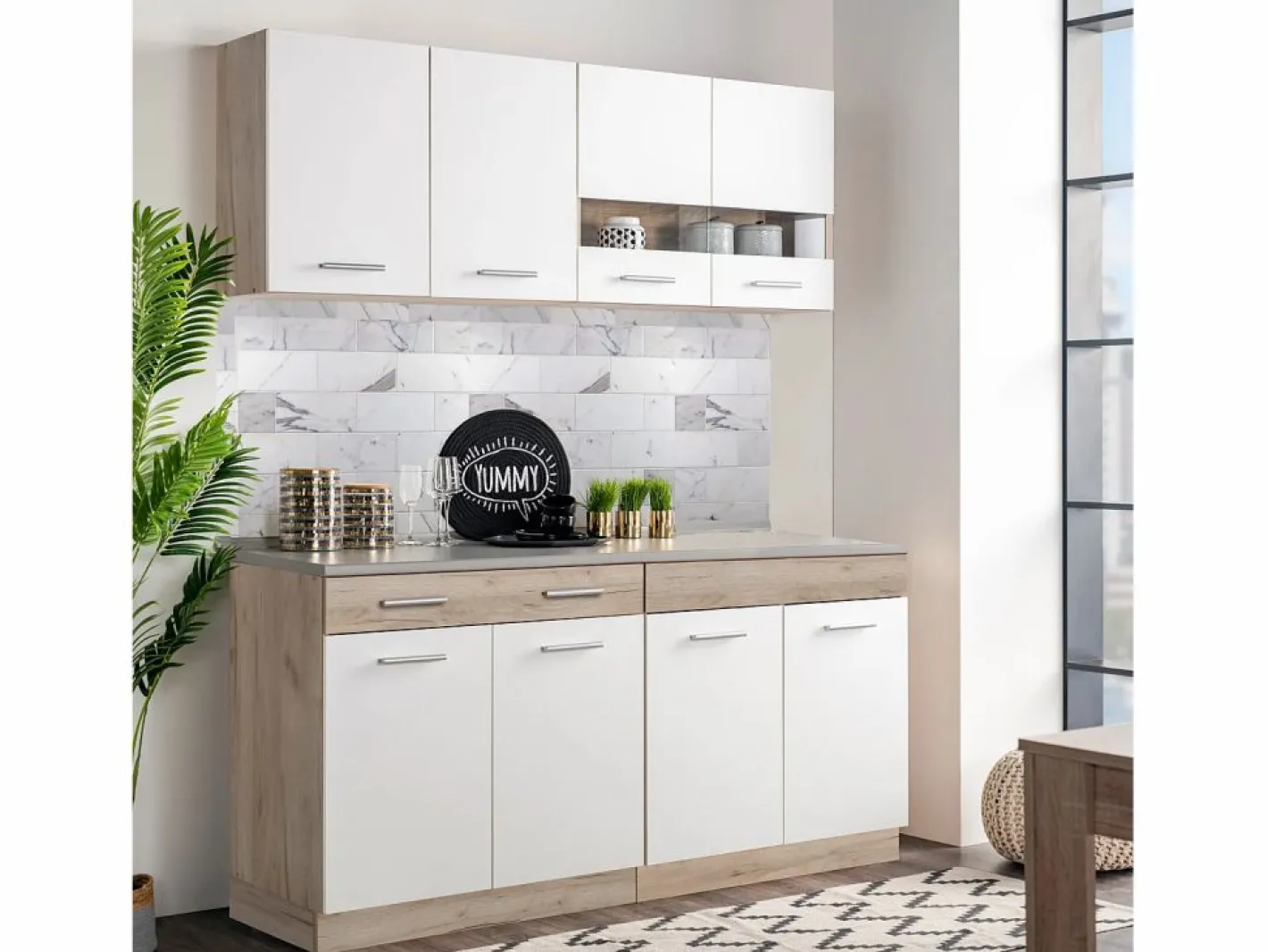 Cocina Completa|Unidad de cocina 160x84x60 cm aspecto madera roble blanco y gris