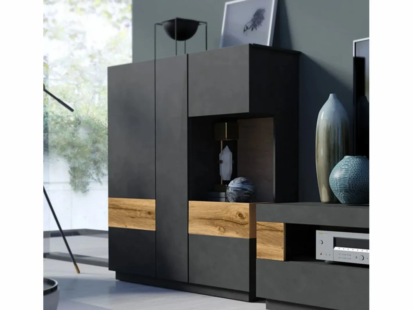 Petits-Meubles Vajillero 3 puertas Andrea antracita y Madera Gris Hot