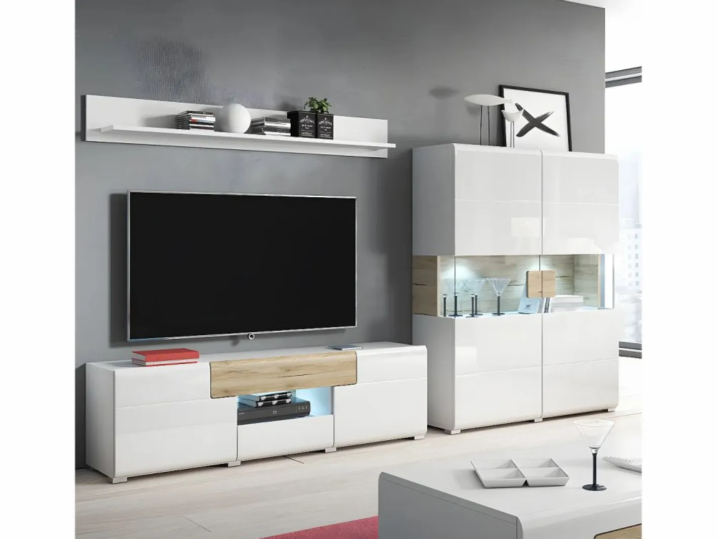 Petits-Meubles Vitrina Para Vajilla|Vajillero 2 puertas con LED Jules Blanco y Madera