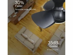 Ventilador de techo 23" para dormitorio, 3 aspas ABS regulables, control remoto, motor CC reversible, LED 18W, (58,4x58,4x27,1cm) Negro Best