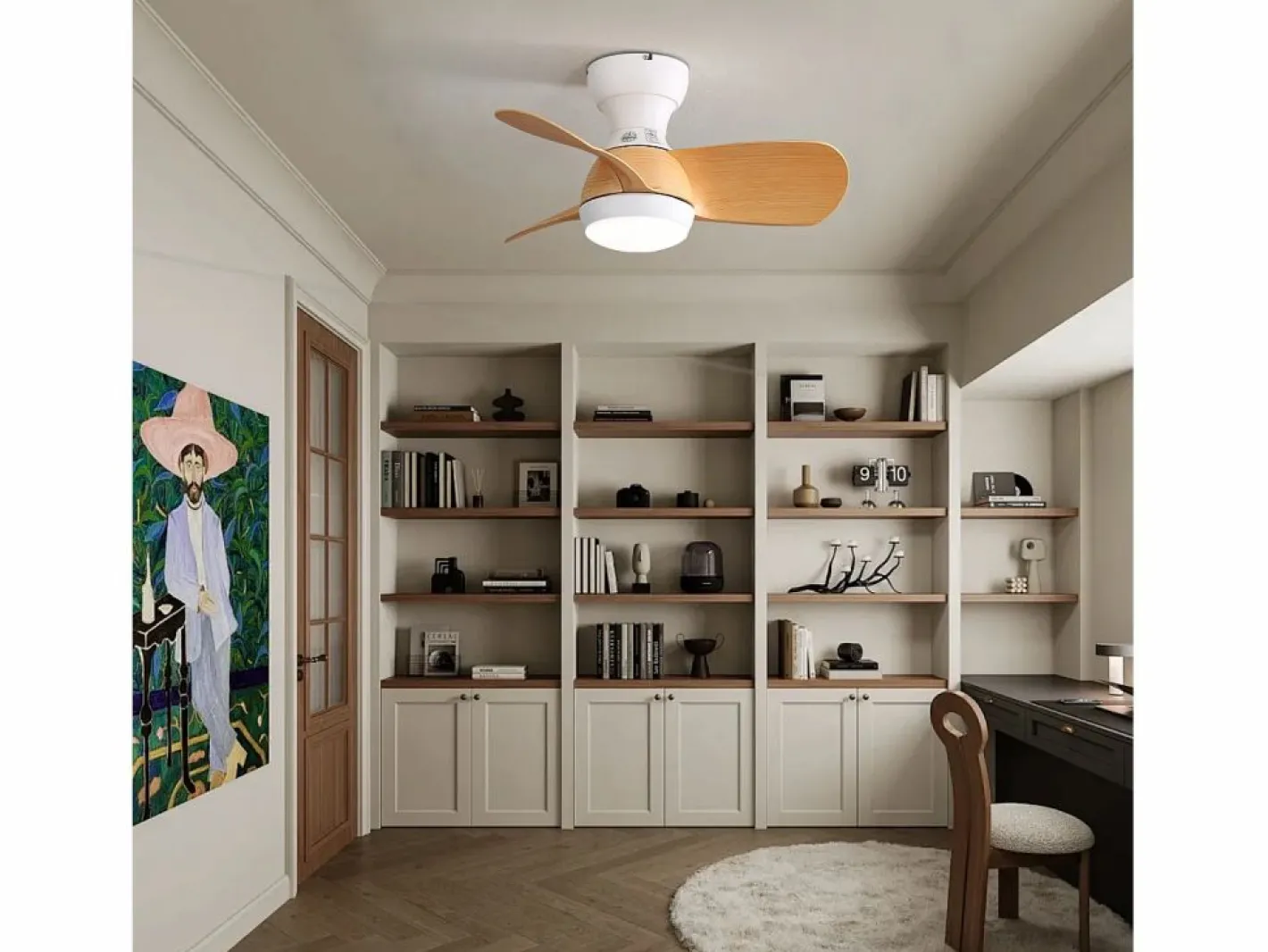 OKWISH Ventilador de techo color madera con luces LED regulables y 3 aspas de ABS para dormitorios y salones. Color natural claro New