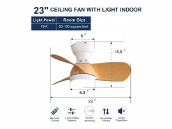 OKWISH Ventilador de techo color madera con luces LED regulables y 3 aspas de ABS para dormitorios y salones. Color natural claro New