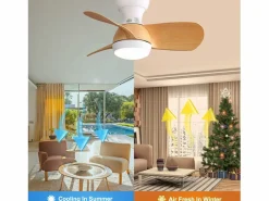 OKWISH Ventilador de techo color madera con luces LED regulables y 3 aspas de ABS para dormitorios y salones. Color natural claro New