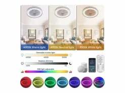 Ventilador de techo de 19 pulgadas con control remoto, 3 aspas de ABS, motor de CC ultrasilencioso, LED RGB regulable de 3 colores (48,26 x 48,26 x 12,7 cm) Blanco Online
