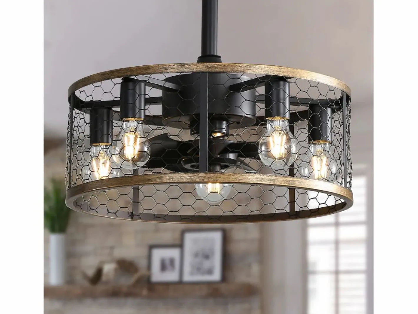 OKWISH Aire Acondicionado, Ventilación|Ventilador de techo industrial tipo jaula - Ventilador de techo con luz y control remoto - Aspas de ABS