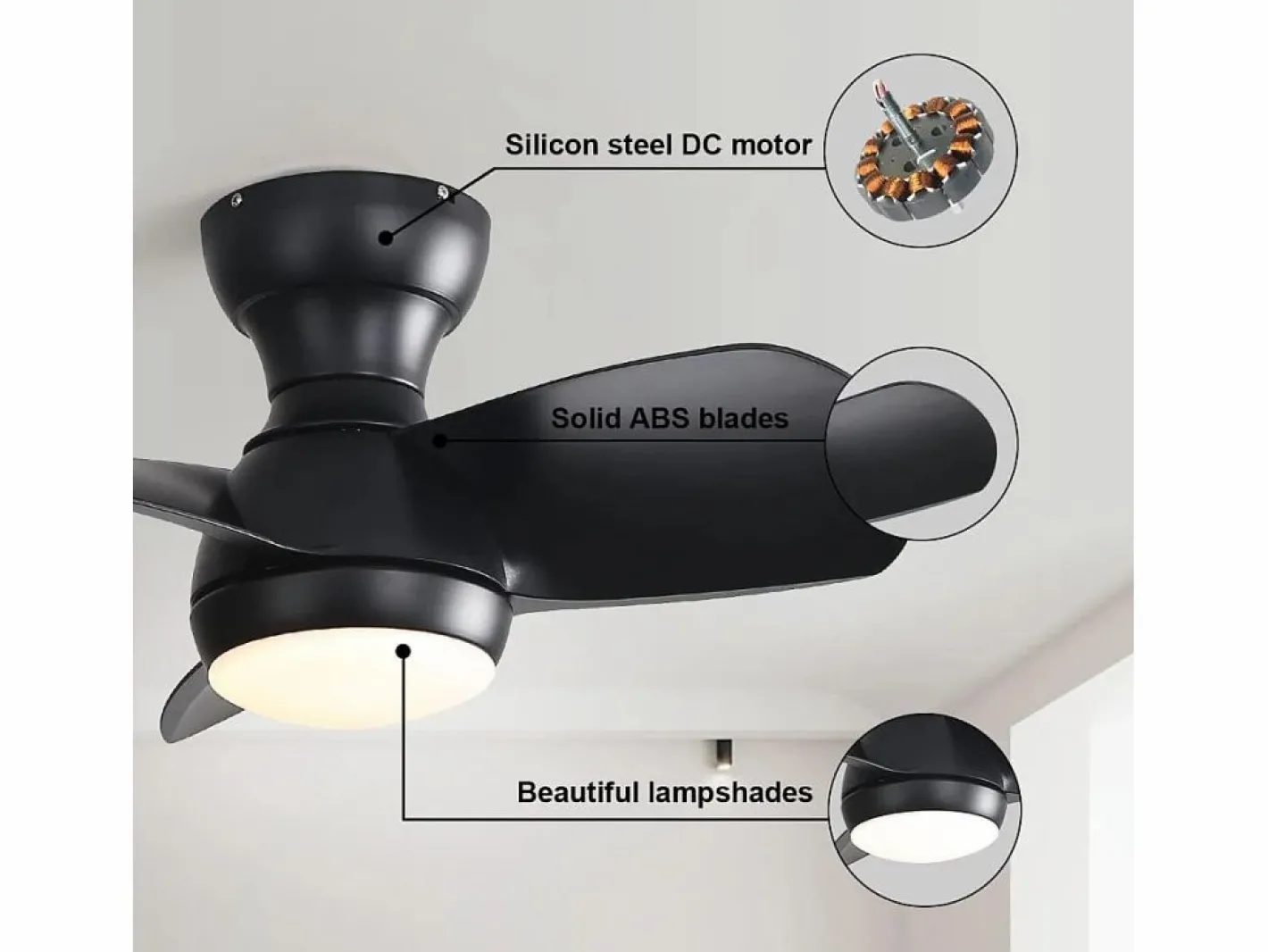 OKWISH Ventilador de techo con luces LED regulables y 3 aspas de ABS para dormitorios y salones. Negro Hot