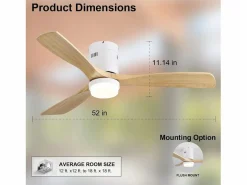 OKWISH Ventilador de techo para salón - 3 aspas de madera - Blanco con luz y 6 velocidades - 132 cm Color natural claro New