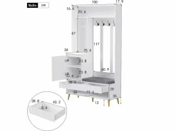 Vestiaire blanc avec 1 porte, 2 tiroirs, 4 patères et 1 banc 100 x 35 x 180 cm^Hauss Spole Online