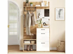 ModernLuxe Armario De Entrada|Vestidor 100×38,5×190 cm - con espejo y zapatero - con 1 cajón y 2 compartimentos - blanco + natural