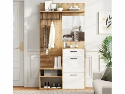 ModernLuxe Armario De Entrada|Vestidor 100×38,5×190 cm - con espejo y zapatero - con 1 cajón y 2 compartimentos - blanco + natural