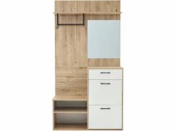 ModernLuxe Armario De Entrada|Vestidor 100×38,5×190 cm - con espejo y zapatero - con 1 cajón y 2 compartimentos - blanco + natural