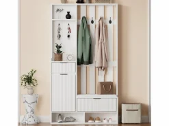 ModernLuxe Vestidor 6 en 1 100×30×180 cm - con 8 ganchos y banco para zapatos - con 2 cajones y 1 puerta - con zapatero - Blanco Sale
