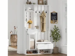 ModernLuxe Vestidor 6 en 1 100×30×180 cm - con 8 ganchos y banco para zapatos - con 2 cajones y 1 puerta - con zapatero - Blanco Sale