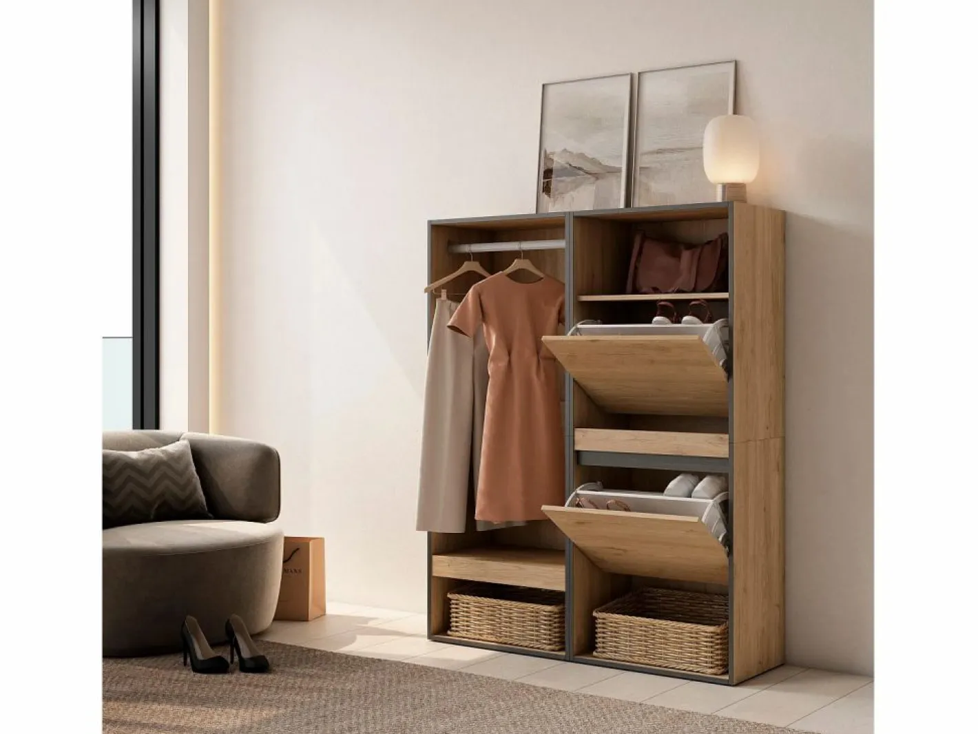 Vestidor abierto, 120x35x145cm, Dormitorio, habitación, Zapatero, Roble^Skraut Home
