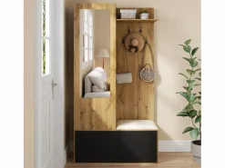 Merax Vestidor con espejo - 100 x 38 x 191 cm - con zapatero + armario + 2 puertas + banco - MDF - natural Color natural claro Sale
