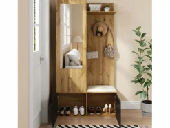 Merax Vestidor con espejo - 100 x 38 x 191 cm - con zapatero + armario + 2 puertas + banco - MDF - natural Color natural claro Sale