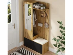 Merax Vestidor con espejo - 100 x 38 x 191 cm - con zapatero + armario + 2 puertas + banco - MDF - natural Color natural claro Sale