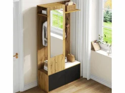 Merax Vestidor con espejo - 100 x 38 x 191 cm - con zapatero + armario + 2 puertas + banco - MDF - natural Color natural claro Sale