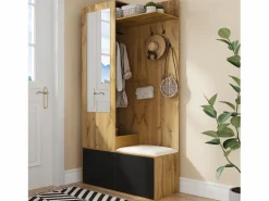 Merax Vestidor con espejo - 100 x 38 x 191 cm - con zapatero + armario + 2 puertas + banco - MDF - natural Color natural claro Sale