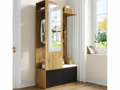 Merax Vestidor con espejo - 100 x 38 x 191 cm - con zapatero + armario + 2 puertas + banco - MDF - natural Color natural claro Sale