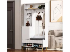 ModernLuxe Armario De Entrada|Vestidor de entrada moderno - con 4 ganchos, 1 puerta y 2 cajones - con banco y estantes abiertos -