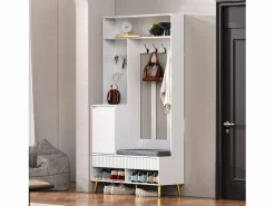 ModernLuxe Armario De Entrada|Vestidor de entrada moderno - con 4 ganchos, 1 puerta y 2 cajones - con banco y estantes abiertos -