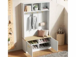 ModernLuxe Armario De Entrada|Vestidor de entrada moderno 105x40x180cm - con 2 puertas - con mueble para zapatos y ganchos - estantes abiertos - + Natural
