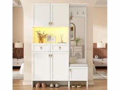ModernLuxe Vestidor de entrada moderno 120x33.5x180cm - con LED y espejo - con banco de zapatos y mueble de zapatos - con 2 cajones y 5 puertas - Blanco Discount