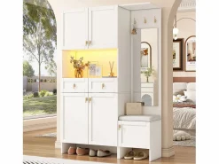 ModernLuxe Vestidor de entrada moderno 120x33.5x180cm - con LED y espejo - con banco de zapatos y mueble de zapatos - con 2 cajones y 5 puertas - Blanco Discount