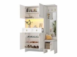 ModernLuxe Vestidor de entrada moderno 120x33.5x180cm - con LED y espejo - con banco de zapatos y mueble de zapatos - con 2 cajones y 5 puertas - Blanco Discount