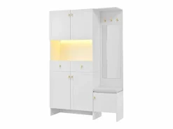ModernLuxe Vestidor de entrada moderno 120x33.5x180cm - con LED y espejo - con banco de zapatos y mueble de zapatos - con 2 cajones y 5 puertas - Blanco Discount